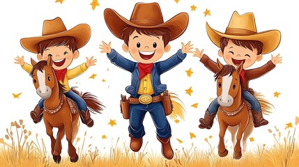 Three cheerful cowboy boys riding horses.