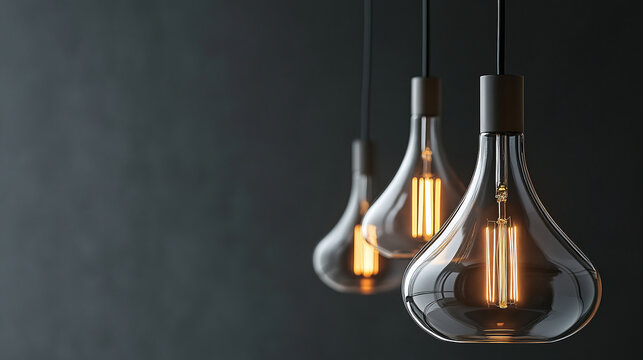 Incandescent light bulb lamp glowing light on dark gray black wall, copy space. electricity power energy concept, hanging glass technology, illuminated room, creativity, wire, metal.