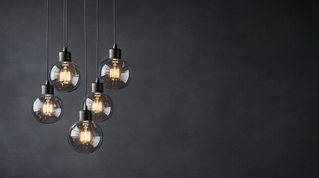 Incandescent light bulb lamp glowing light on dark gray black wall, copy space. electricity power energy concept, hanging glass technology, illuminated room, creativity, wire, metal.