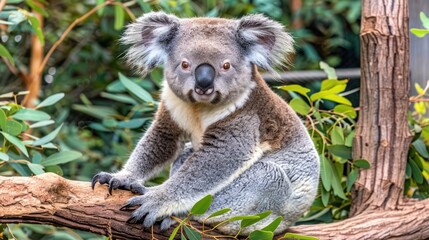 Naklejka premium Adorable koala sitting on a tree branch, looking directly at the camera.