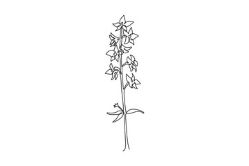 Single continuous line drawing of beauty fresh larkspur for home decor wall art poster. Decorative perennial flower delphinium wedding invitation card. One line draw graphic design vector illustration