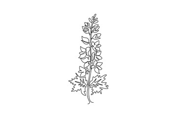 Single continuous line drawing beauty fresh larkspur for garden logo. Decorative of perennial delphinium concept for home wall decor art poster print. One line draw graphic design vector illustration