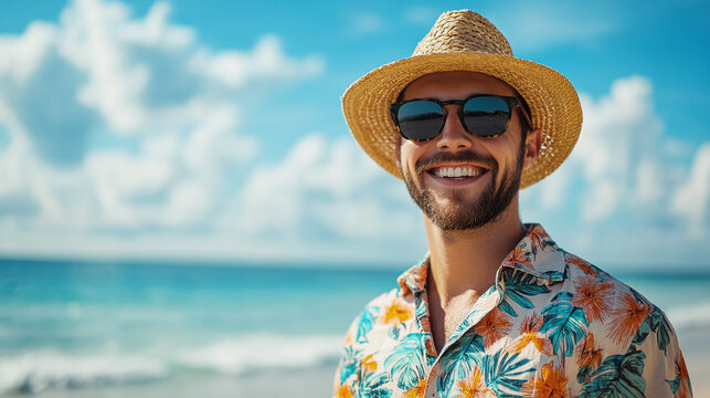 Portrait of happy smiling young man wearing tropical shirt, sunglasses and straw hat, standing on ocean or sea sand beach. copy space, cheerful tourist guy on summer holiday or vacation, fun trip.