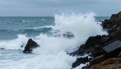 Ocean Waves Crashing Against Rocky Coastline