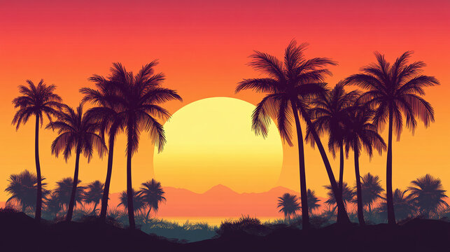 Silhouette of coconut palm trees against the orange sunset sky, illustration. tropical summer sunrise landscape, paradise travel evening, vacation holiday coast dusk twilight sundown.