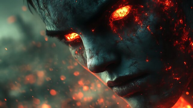 Fiery, demonic, humanoid face close-up. - Powered by Adobe
