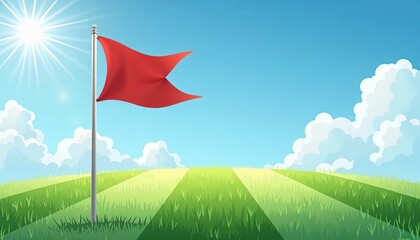 Red flag on soccer field under sunny sky, vibrant outdoor scene, sports season opening concept, copy space
