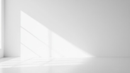 A bright, minimalistic interior featuring white walls and flooring, with sunlight casting shadows, creating a serene and airy atmosphere.
