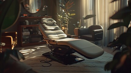 Luxurious spa treatment chair in stylish room.