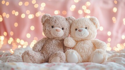 Fototapeta premium Two cuddly teddy bears sit together on a soft surface, surrounded by soft pink lights, creating a cozy and heartwarming atmosphere.