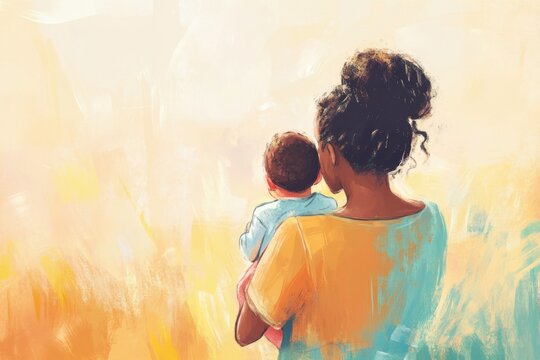 Mother holds her son on hands back view. Young african american woman embraces child with love and care. Illustration for the happy Mother's Day