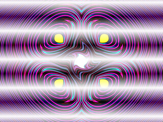 Radiating waves in pink, blue, and purple encircle four glowing yellow orbs at each corner of a symmetrical design. Bright horizontal white stripes add structure to the mesmerizing pattern.  