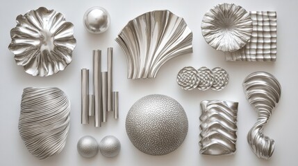 A collection of intricate silver sculptures featuring various organic and geometric shapes, showcasing unique textures and patterns.