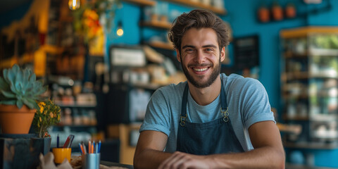 Cheerful barista welcoming customers cozy urban coffee shop portrait photography lively atmosphere close-up view celebrating coffee culture
