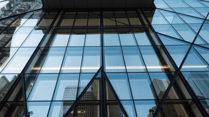 Obraz premium Geometric lines, sharp angles, glass facade, urban architecture, architectural photography, urban, elevation