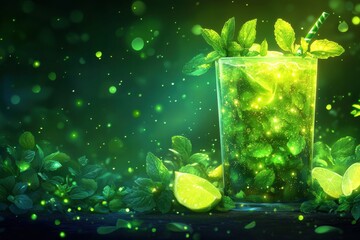 Magical Mojito Glowing Green Cocktail with Mint and Lime