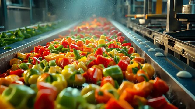 Fresh vegetables like bell peppers and greens flow on a conveyor belt, being washed thoroughly before being processed for freezing. This operation ensures quality and hygiene.