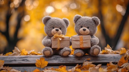 Two cuddly teddy bears sit on a bench, holding small gift boxes amid vibrant autumn leaves, exuding warmth and friendship.