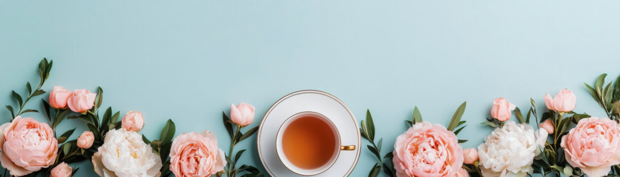 Elegant springtime high tea with floral arrangement and tea cup