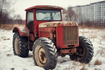 Naklejka premium Old Red Tractor in Snowy Field