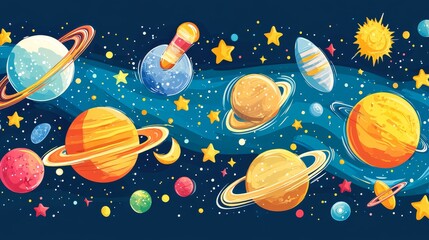Colorful illustration of planets, stars, and space elements in a whimsical cosmic scene.