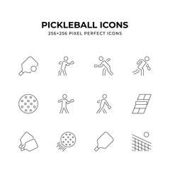 Clean line art icons depicting various aspects of pickleball including paddles balls players and the court Ideal for websites apps or any project related to pickleball Perfect 256x256 pixel dimensions
