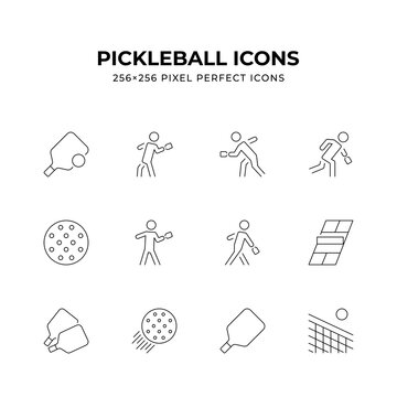 Clean line art icons depicting various aspects of pickleball including paddles balls players and the court Ideal for websites apps or any project related to pickleball Perfect 256x256 pixel dimensions