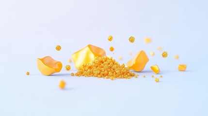 A vibrant arrangement of yellow granules and scattered pieces against a light background, showcasing texture and color contrast.