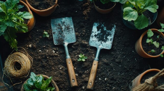 Azadas de jard&iacute;n y plantas en macetas