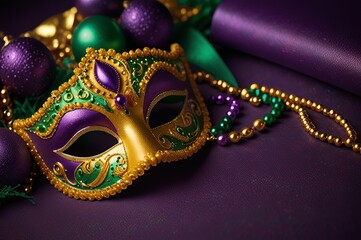 Naklejka premium Golden carnival mask with purple feathers and beads on dark background