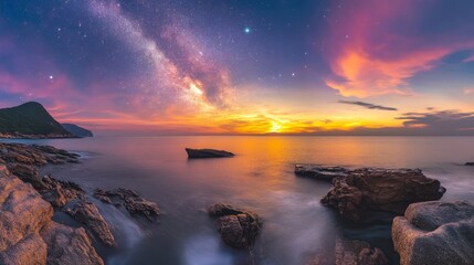 Obraz premium A stunning sunset over the ocean with the Milky Way shining brightly in the sky.