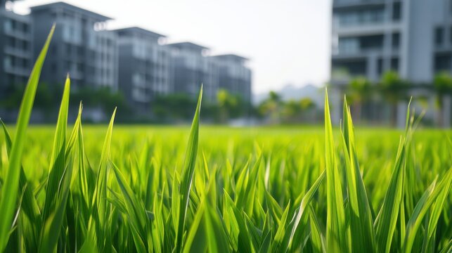 Campo de arroz y edificios modernos