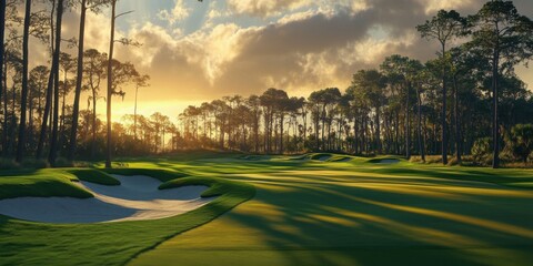 Campo de golf al atardecer con árboles y césped verde