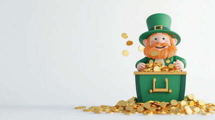cheerful leprechaun with gold coins in green box, spreading joy