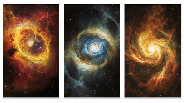 A triptych of cosmic imagery showcasing vibrant galaxies in deep space.