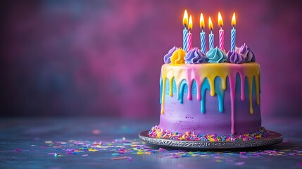 Colorful birthday cake with lit candles and sprinkles.