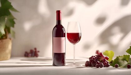 Obraz premium Red Wine Bottle and Glass with Grapes