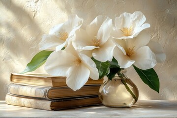 White Magnolia Flowers in Glass Vase with Old Books