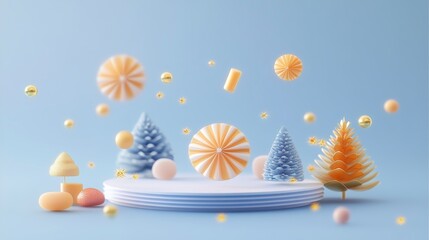 A whimsical scene featuring colorful, decorative confections and trees floating above a pale blue background, creating a festive and playful atmosphere.