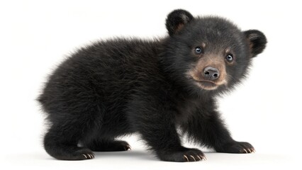 Obraz premium Adorable Black Bear Cub Sitting on a White Background