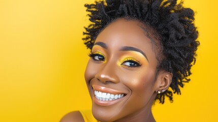 Happy Black woman with yellow makeup and short hair.
