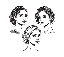 Set of stylized woman faces. Modern single line art. Woman beauty fashion concept, minimalistic style Black and white