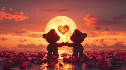 Two teddy bears hold hands against a vibrant sunset, with a heart-shaped sun and flower petals in the foreground, evoking a sense of love and warmth.