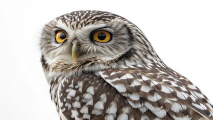Naklejka premium Captivating Owl Gazing Intently with Striking Yellow Eyes on White