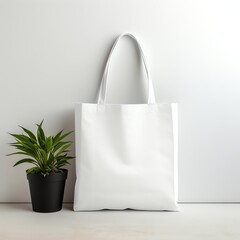 blank mockup tote bag sitting on the ground with handle up, minimalist white background
