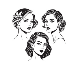 Set of stylized woman faces. Modern single line art. Woman beauty fashion concept, minimalistic style Black and white