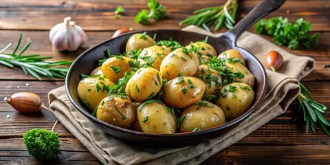Hearty boiled potato with fresh herbs arranged artfully in a cast iron pan , potatoes, kitchen,  potatoes