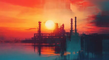 Obraz premium Industrial sunset over water oil refinery scene reflection urban landscape aesthetic view energy concept