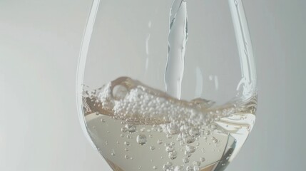 White wine pouring into a glass, bubbles visible.
