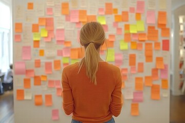 Woman Reviewing Sticky Notes on Wall